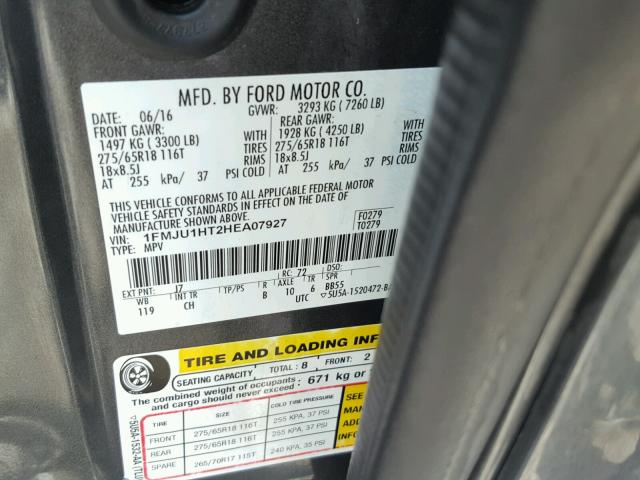 1FMJU1HT2HEA07927 - 2017 FORD EXPEDITION CHARCOAL photo 10