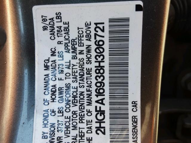 2HGFA16938H306721 - 2008 HONDA CIVIC EXL CHARCOAL photo 10