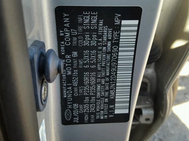 KM8JN12D49U970690 - 2009 HYUNDAI TUCSON SE SILVER photo 10