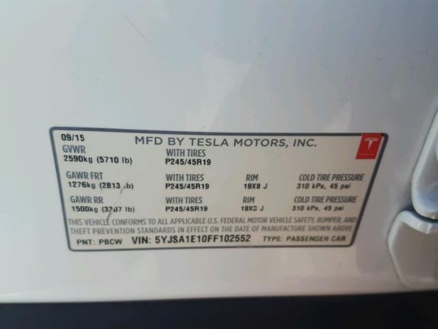 5YJSA1E10FF102552 - 2015 TESLA MODEL S WHITE photo 10