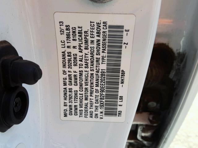 19XFB2F90EE202891 - 2014 HONDA CIVIC EXL WHITE photo 10