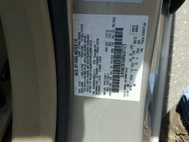 3LNHM28T68R637175 - 2008 LINCOLN MKZ GOLD photo 10