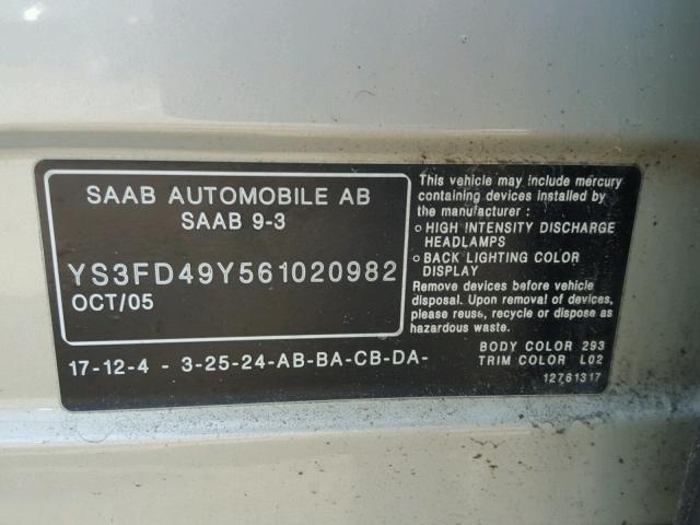 YS3FD49Y561020982 - 2006 SAAB 9-3 BASE SILVER photo 10