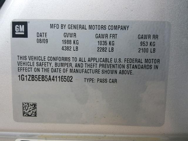 1G1ZB5EB5A4116502 - 2010 CHEVROLET MALIBU LS 银色 照片 10