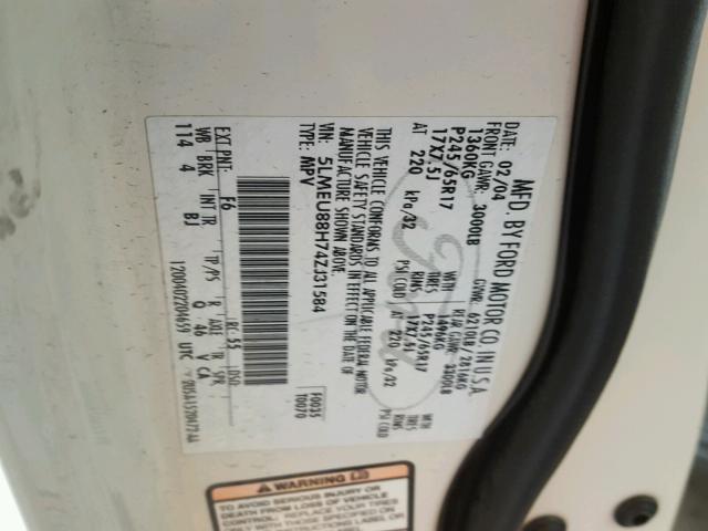 5LMEU88H74ZJ31584 - 2004 LINCOLN AVIATOR 白色 照片 10