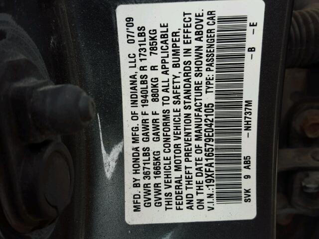 19XFA16579E042105 - 2009 HONDA CIVIC LX GRAY photo 10