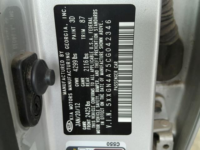 5XXGN4A75CG042346 - 2012 KIA OPTIMA EX SILVER photo 10