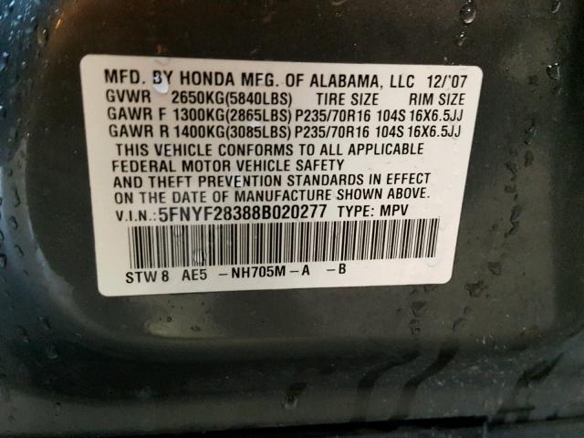 5FNYF28388B020277 - 2008 HONDA PILOT SE GRAY photo 10