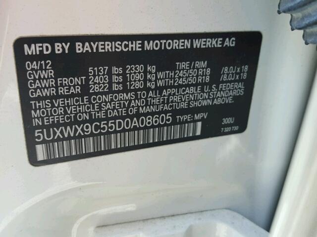 5UXWX9C55D0A08605 - 2013 BMW X3 XDRIVE2 WHITE photo 10