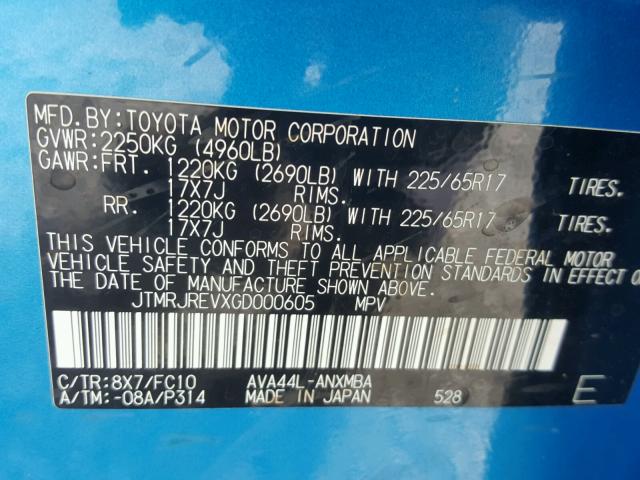 JTMRJREVXGD000605 - 2016 TOYOTA RAV4 HV XL BLUE photo 10