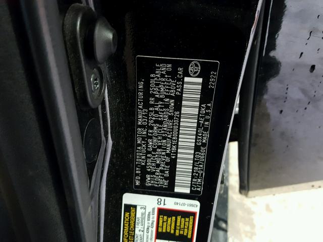 4T1BK1EB0DU030726 - 2013 TOYOTA AVALON BAS BLACK photo 10