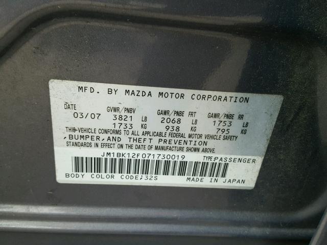 JM1BK12F071730019 - 2007 MAZDA 3 I GRAY photo 10