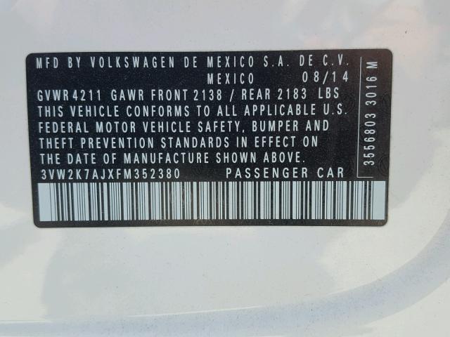 3VW2K7AJXFM352380 - 2015 VOLKSWAGEN JETTA BASE 白色 照片 10