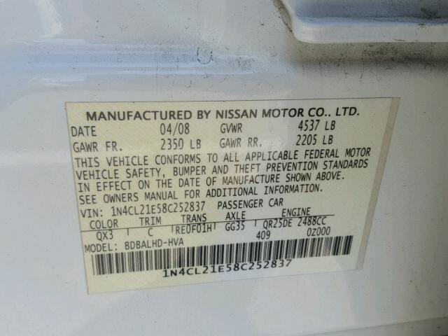 1N4CL21E58C252837 - 2008 NISSAN ALTIMA HYB WHITE photo 10