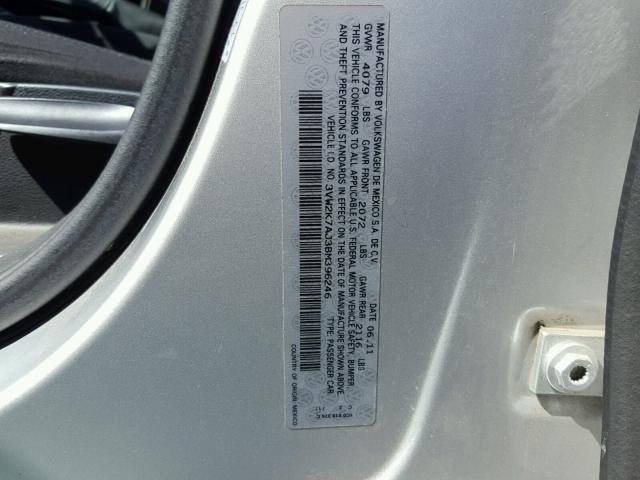 3VW2K7AJ3BM396246 - 2011 VOLKSWAGEN JETTA BASE 银色 照片 10
