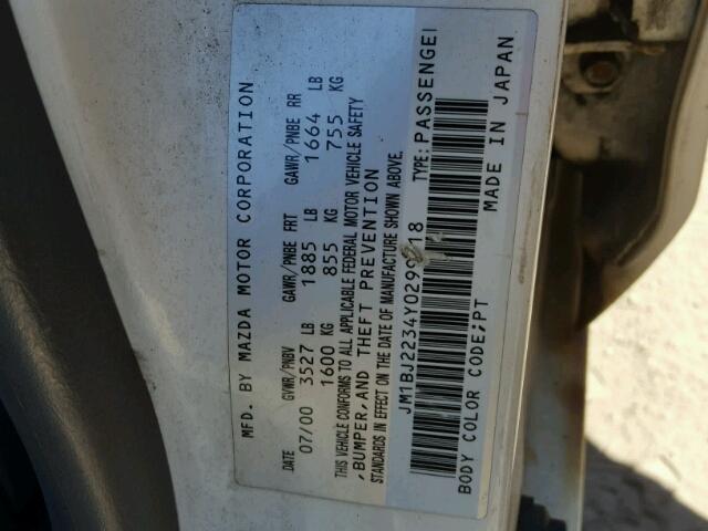 JM1BJ2234Y0299318 - 2000 MAZDA PROTEGE ES 白色 照片 10