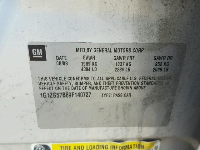 1G1ZG57B89F140727 - 2009 CHEVROLET MALIBU LS ვერცხლისფერი ფოტო 10