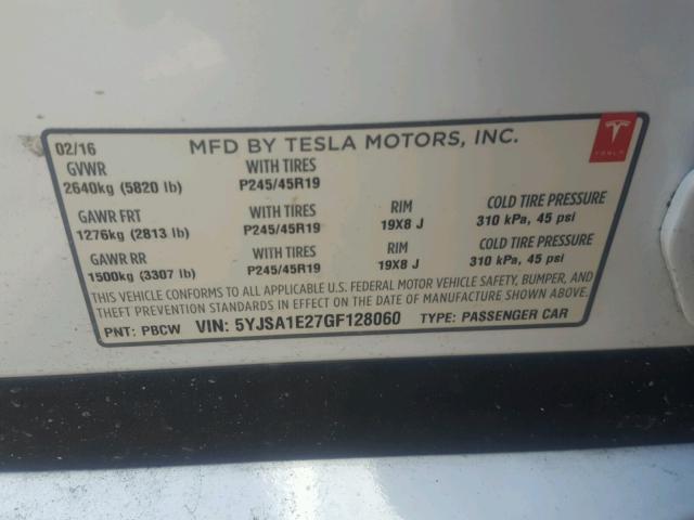 5YJSA1E27GF128060 - 2016 TESLA MODEL S WHITE photo 10