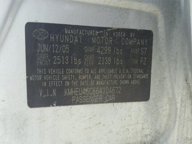 KMHEU46C66A104672 - 2006 HYUNDAI SONATA GLS SILVER photo 10