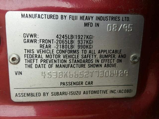 4S3BK6652T7306489 - 1996 SUBARU LEGACY LSI RED photo 10