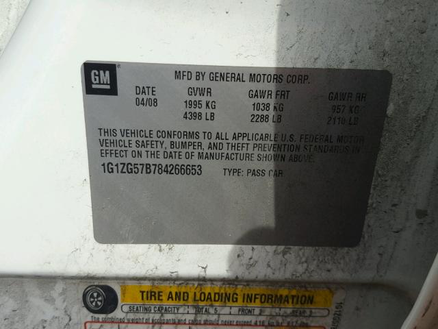 1G1ZG57B784266653 - 2008 CHEVROLET MALIBU LS თეთრი ფოტო 10