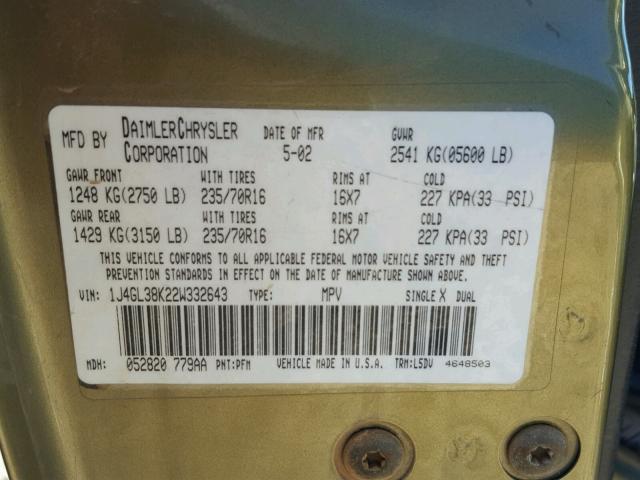 1J4GL38K22W332643 - 2002 JEEP LIBERTY RE GREEN photo 10