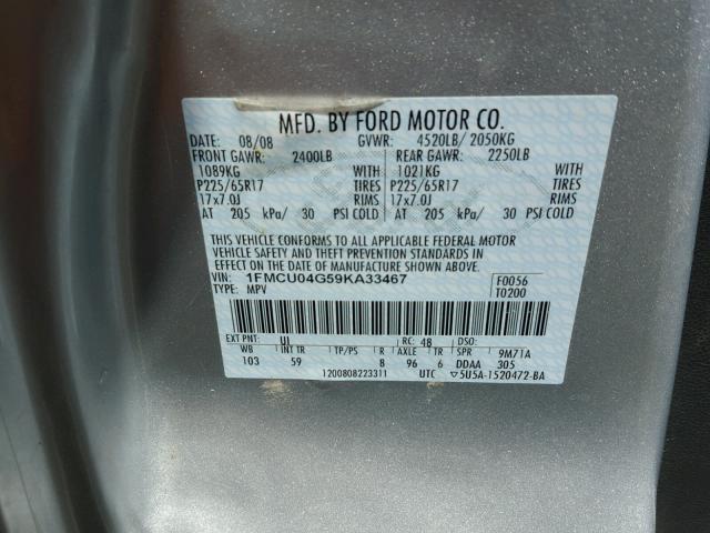 1FMCU04G59KA33467 - 2009 FORD ESCAPE LIM SILVER photo 10