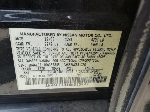 1N4AL11D16N355845 - 2006 NISSAN ALTIMA S BLACK photo 10