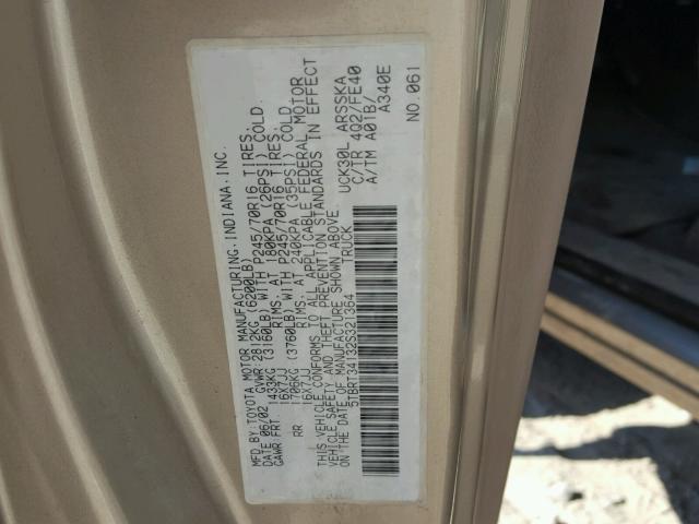 5TBRT34132S321364 - 2002 TOYOTA TUNDRA/SR5 金色 照片 10