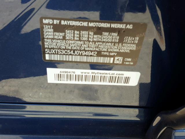 5UXTS3C54J0Y94942 - 2018 BMW X3 XDRIVE3 BLUE photo 10