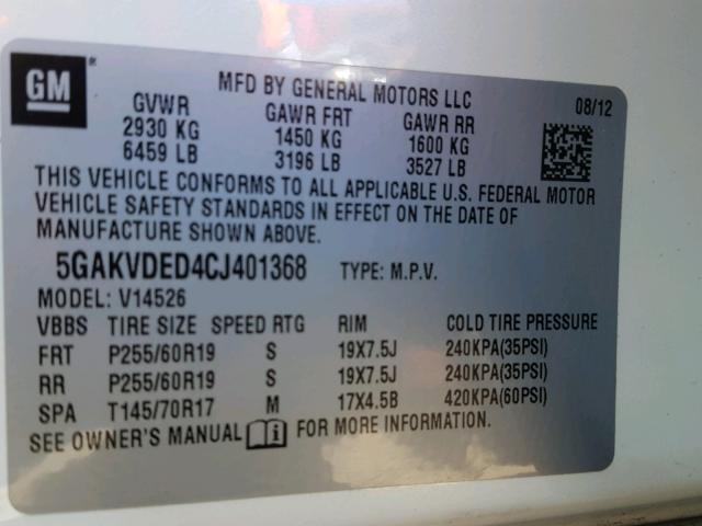 5GAKVDED4CJ401368 - 2012 BUICK ENCLAVE WHITE photo 10