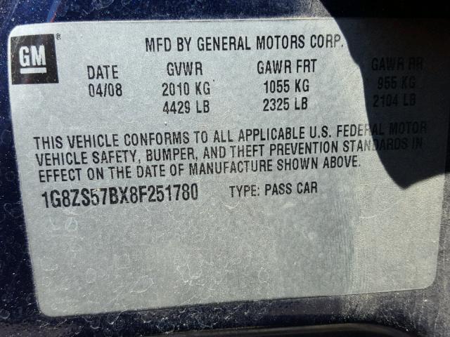 1G8ZS57BX8F251780 - 2008 SATURN AURA XE BLUE photo 10