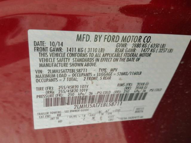 2LMHJ5AT7EBL58711 - 2014 LINCOLN MKT RED photo 10