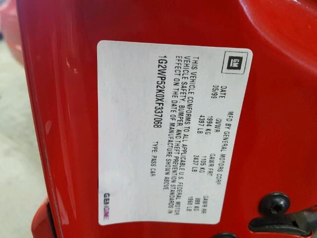 1G2WP52K0XF337068 - 1999 PONTIAC GRAND PRIX წითელი ფოტო 10