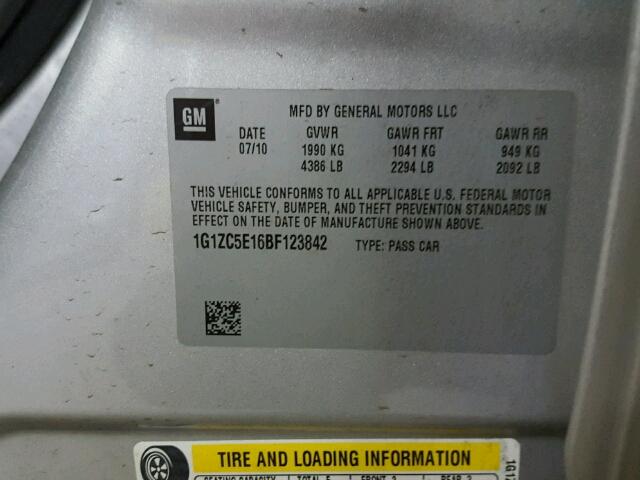 1G1ZC5E16BF123842 - 2011 CHEVROLET MALIBU 1LT 银色 照片 10