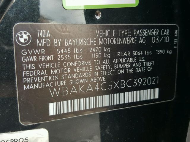 WBAKA4C5XBC392021 - 2011 BMW 740 I BLACK photo 10