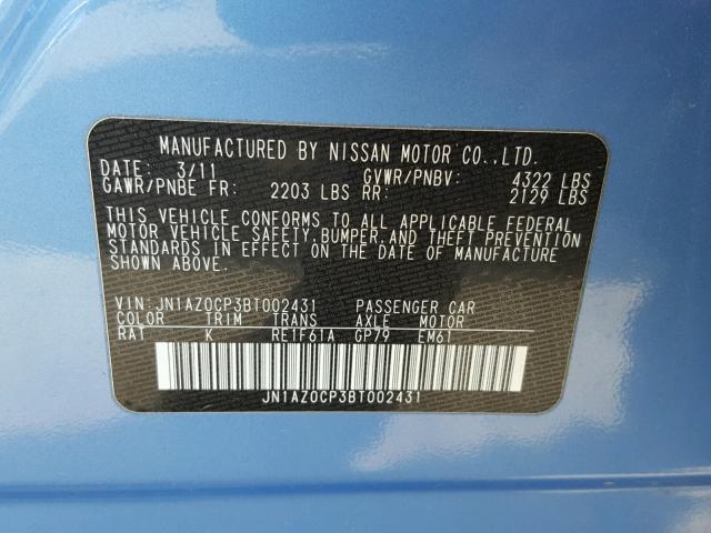 JN1AZ0CP3BT002431 - 2011 NISSAN LEAF SV BLUE photo 10