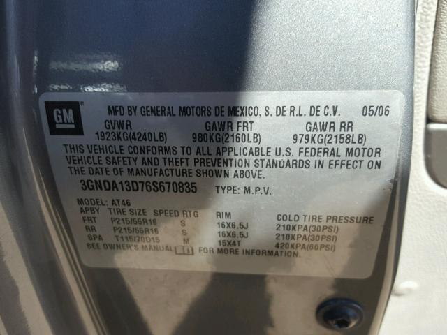 3GNDA13D76S670835 - 2006 CHEVROLET HHR LS GRAY photo 10