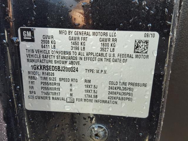 1GKKRSED5BJ200024 - 2011 GMC ACADIA SLT შავი ფოტო 10