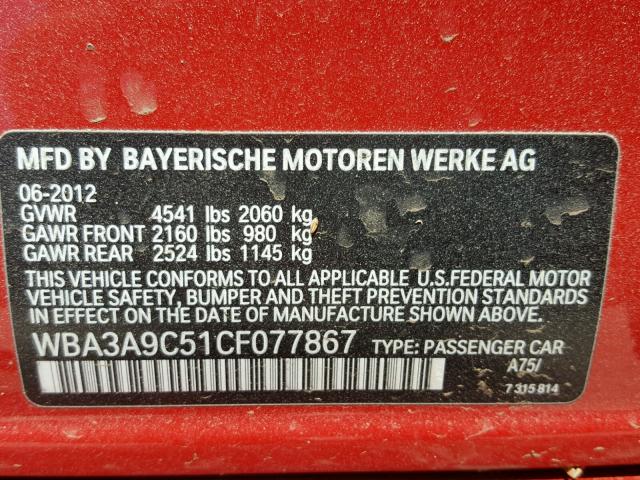 WBA3A9C51CF077867 - 2012 BMW 335 I RED photo 10