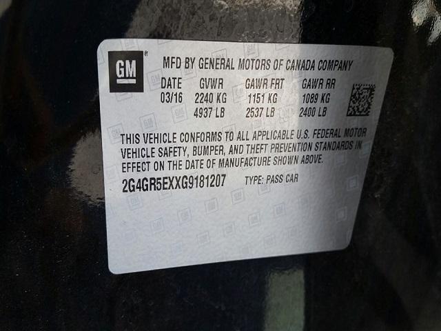 2G4GR5EXXG9181207 - 2016 BUICK REGAL PREM BLACK photo 10