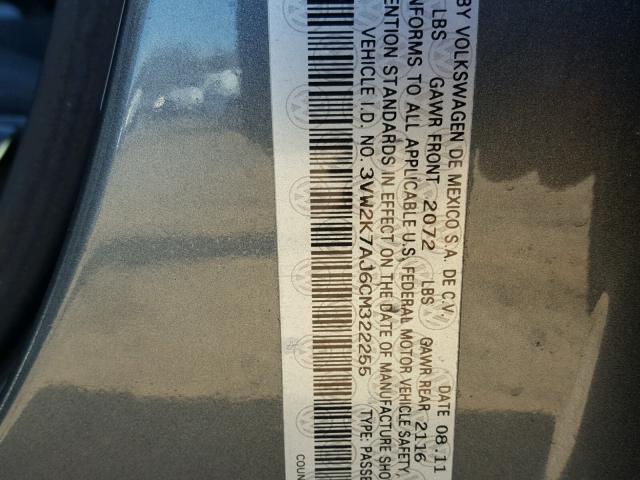 3VW2K7AJ6CM322255 - 2012 VOLKSWAGEN JETTA BASE 灰色 照片 10