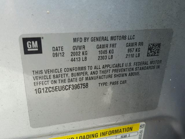 1G1ZC5EU6CF396758 - 2012 CHEVROLET MALIBU 1LT 银色 照片 10