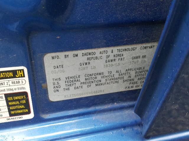 KL1TD66666B648284 - 2006 CHEVROLET AVEO BASE Bleu photo 10