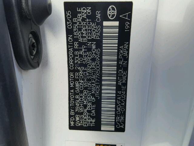 JTKDE177X50049945 - 2005 TOYOTA SCION TC 白色 照片 10