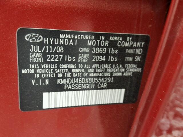 KMHDU46DX8U556291 - 2008 HYUNDAI ELANTRA GL RED photo 10