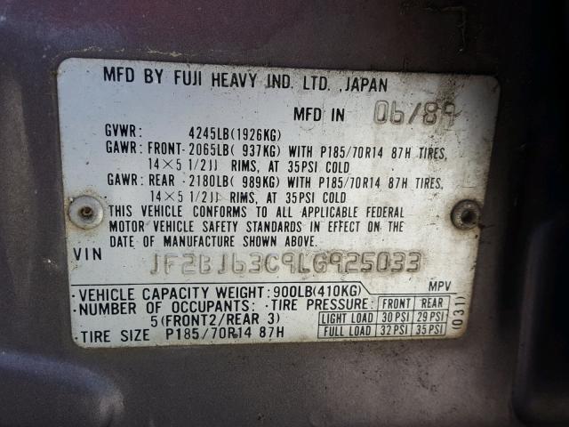 JF2BJ63C9LG925033 - 1990 SUBARU LEGACY L TAN photo 10