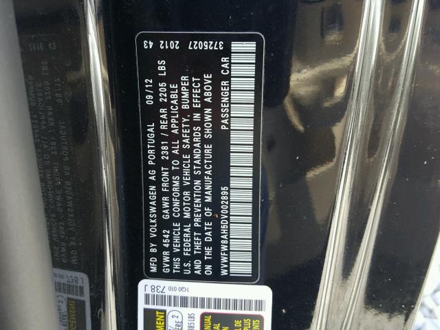 WVWFW8AH5DV002895 - 2013 VOLKSWAGEN EOS LUX 黑色 照片 10