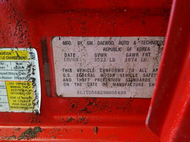 KL1TD56E29B605499 - 2009 CHEVROLET AVEO LS RED photo 10