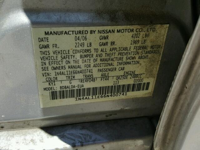 1N4AL11E66N400741 - 2006 NISSAN ALTIMA S SILVER photo 10